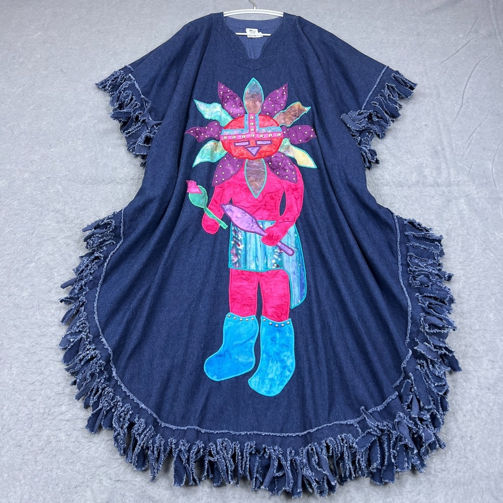 Alfredos‎ Wife Poncho Women's OS Blue Denim Patchwork Western Fringe Dress USA